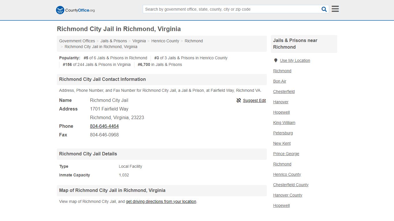Richmond City Jail - Richmond, VA (Address, Phone, and Fax) - County Office